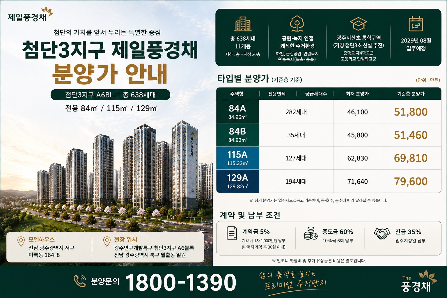 첨단3지구 제일풍경채 분양가 84A 84B 115A 129A 계약금 중도금 안내